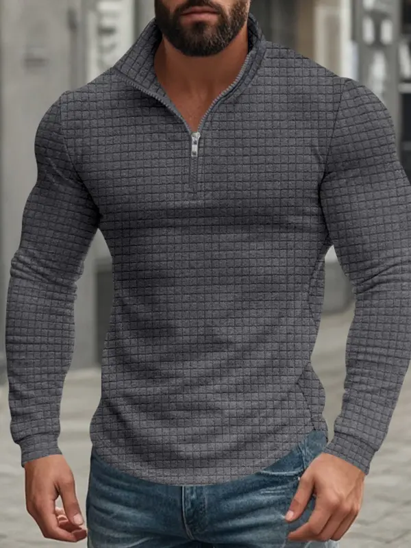Men's American Retro Autumn And Winter Half-Zip Small Plaid Casual Stand-Up Collar Long-Sleeved Sweatshirt