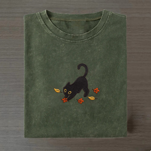 Cat Pouncing Leaves Embroidered T-shirt