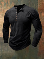 Men's Henley Collar Bamboo Cotton Long-Sleeved Top