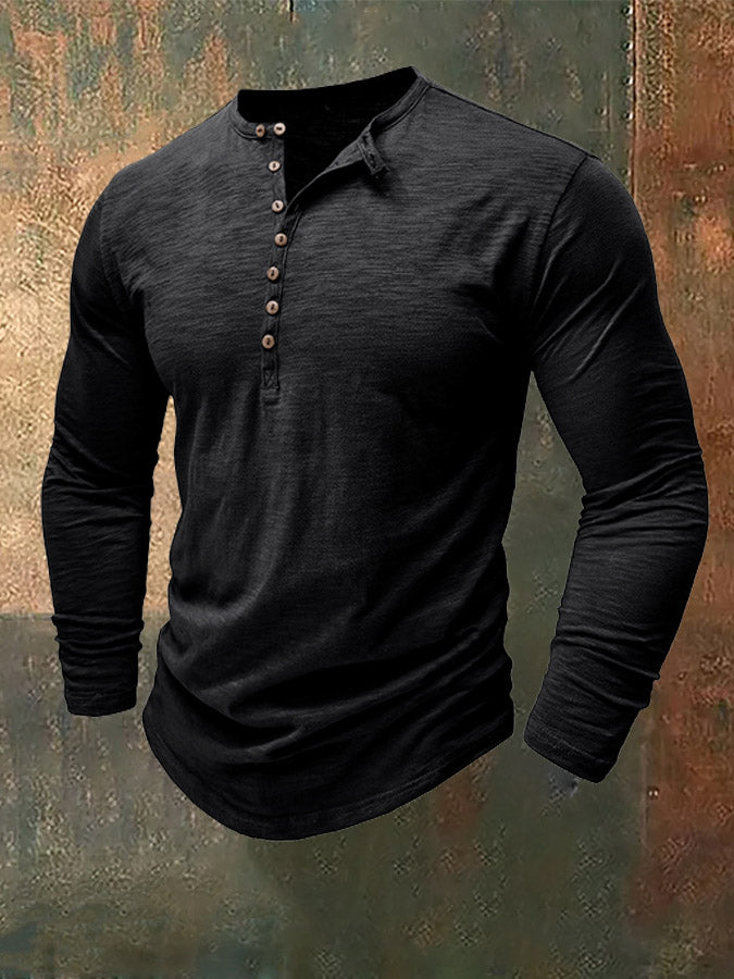 Men's Henley Collar Bamboo Cotton Long-Sleeved Top