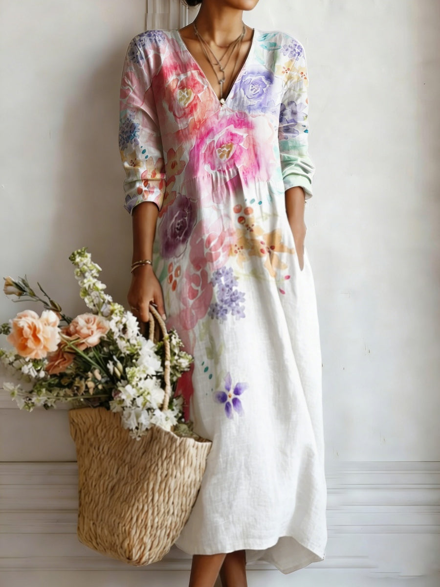 Watercolor Floral Print Women's Linen Maxi Dress