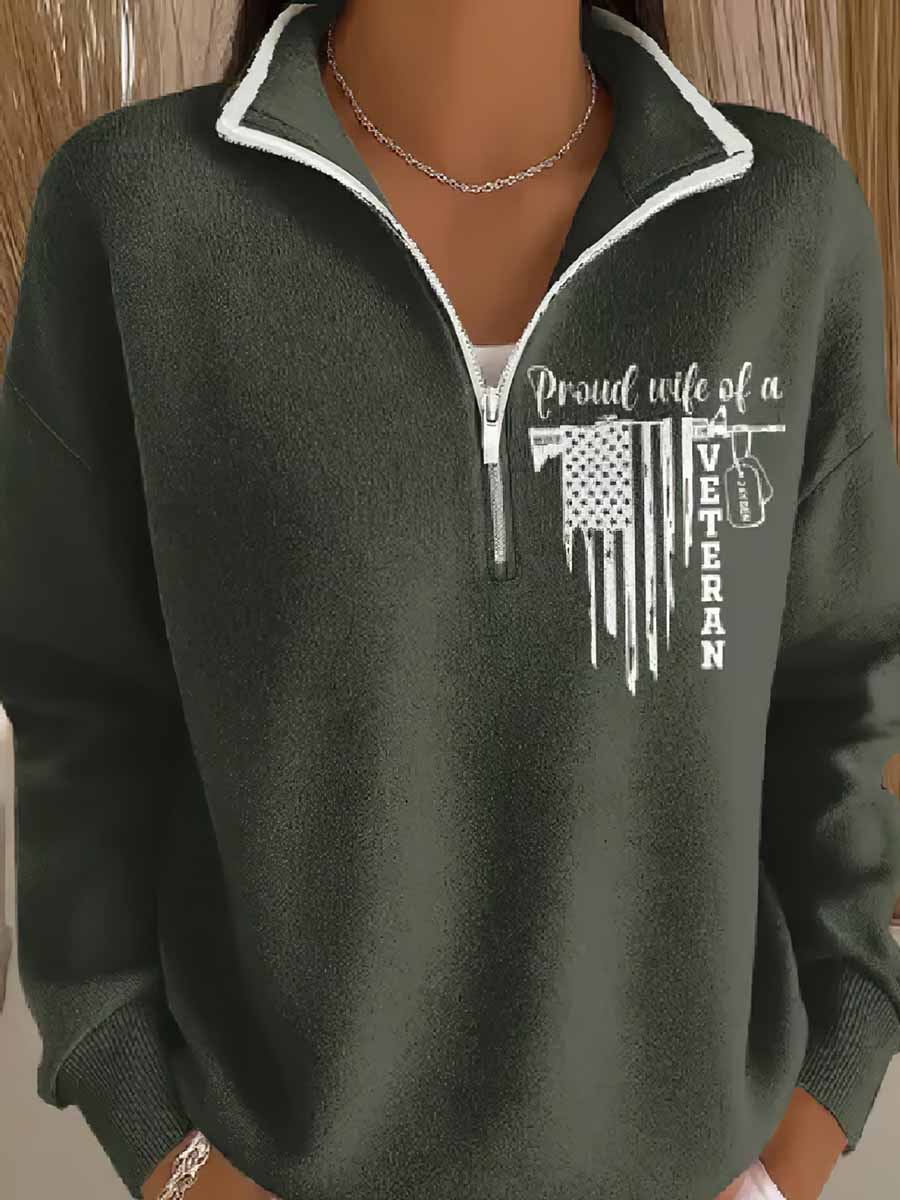 Women's Veterans Print Zip-Up Stand Collar Sweatshirt