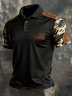 Men's Retro Patriotic Color-Block Short-Sleeve Polo Shirt
