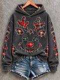 Dark Grey Plaid Distressed Christmas Reindeer Face Hoodie