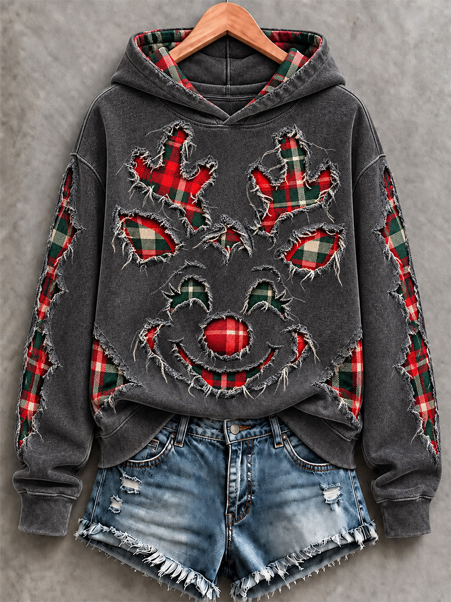 Dark Grey Plaid Distressed Christmas Reindeer Face Hoodie