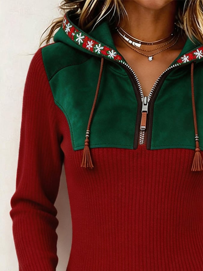 Lässiger Damen-Kapuzenpullover mit halbem Reißverschluss und Farbblock-Design
