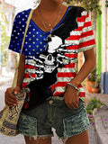 Women's Independence Day America Flag Skull Print Casual V-Neck Tee