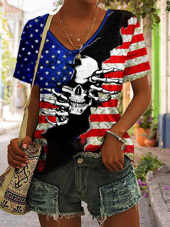 Women's Independence Day America Flag Skull Print Casual V-Neck Tee