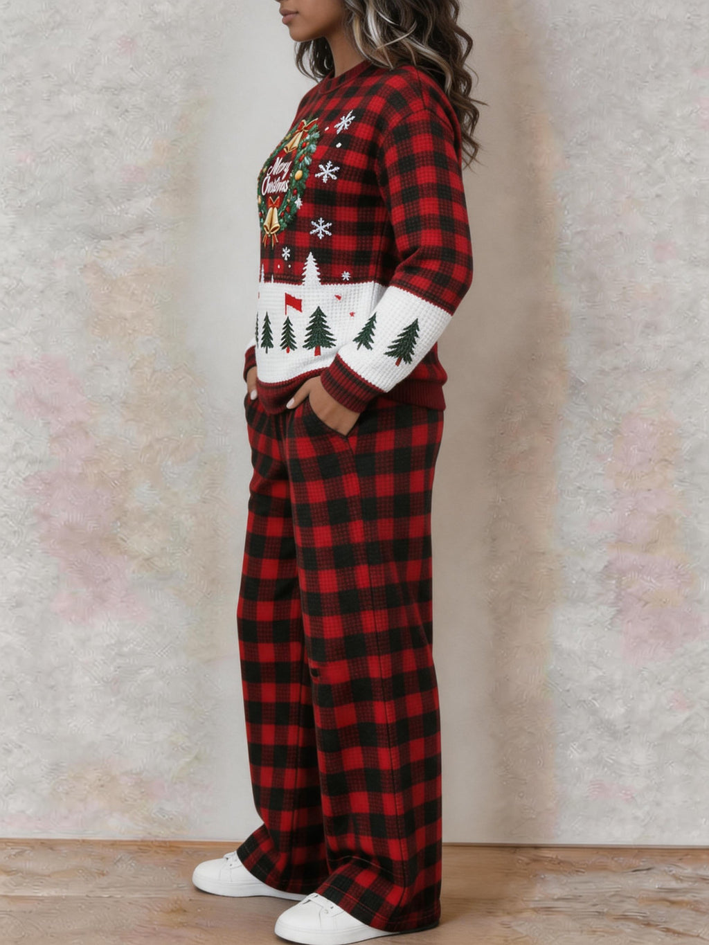 Women's Casual Waffle-Knit Printed Top and Pants Set