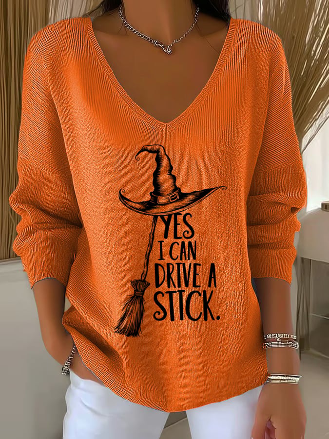?Buy 2 Get 10% Off?Women'S Witch "Yes I Can Drive A Stick"  Print Drop Shoulder Sweater