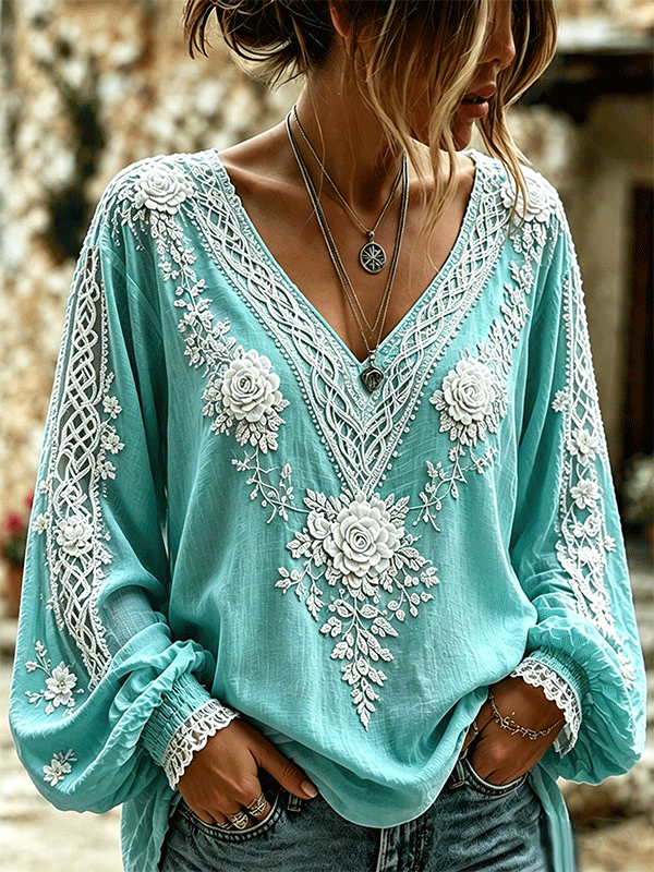 Women's Retro Celtic Knot With Floral Art Linen Blend Long Sleeves Shirt