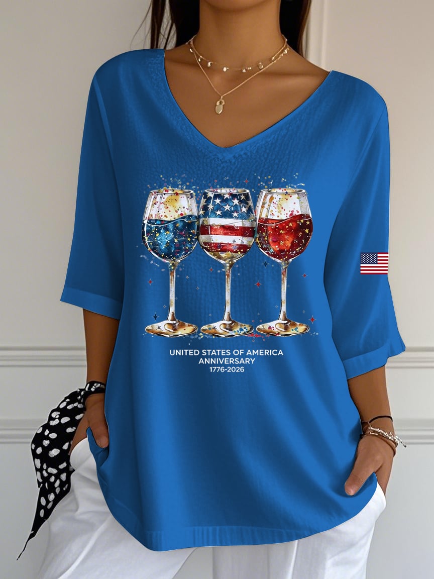 Women's American Flag Red Wine Glasses Celebrate Casual V-Neck T-Shirt