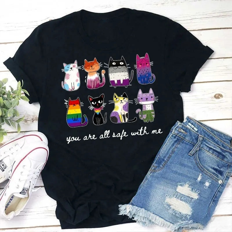 Rainbow Color Cats You Are All Safe With Me Cotton T-Shirt