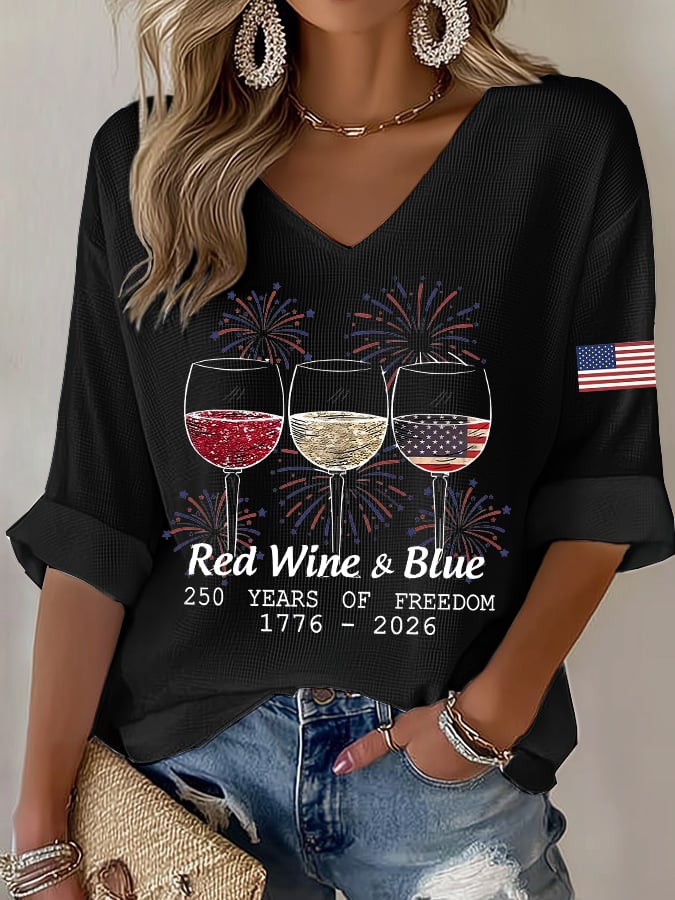 Women's Casual Waffle-Knit T-Shirt with U.S. 250th Anniversary Print