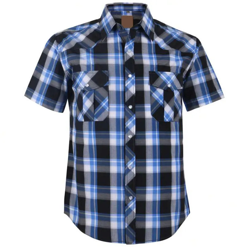 Men's Western Cowboy Short Sleeve Pearl Snap Casual Plaid Work Shirt