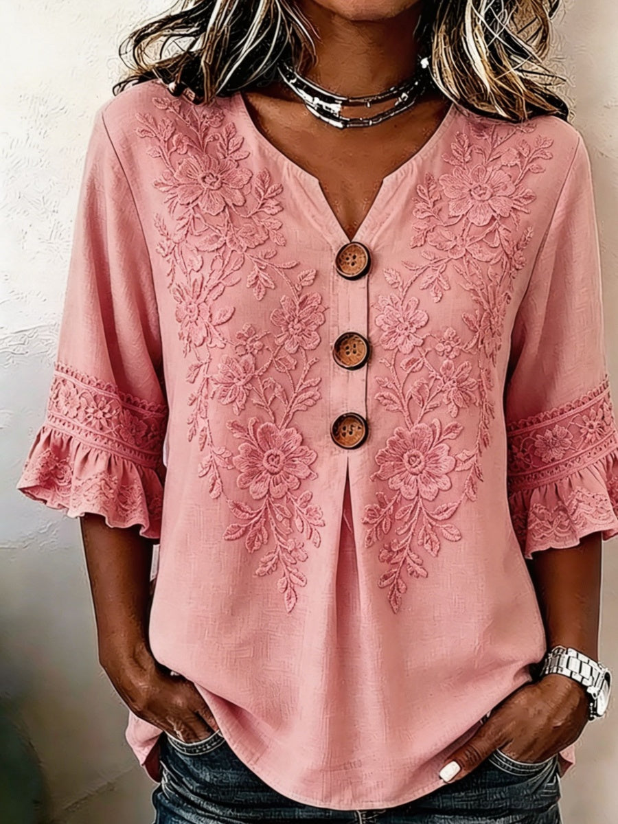 Vintage Floral Embroidery Design Women's Linen Shirt