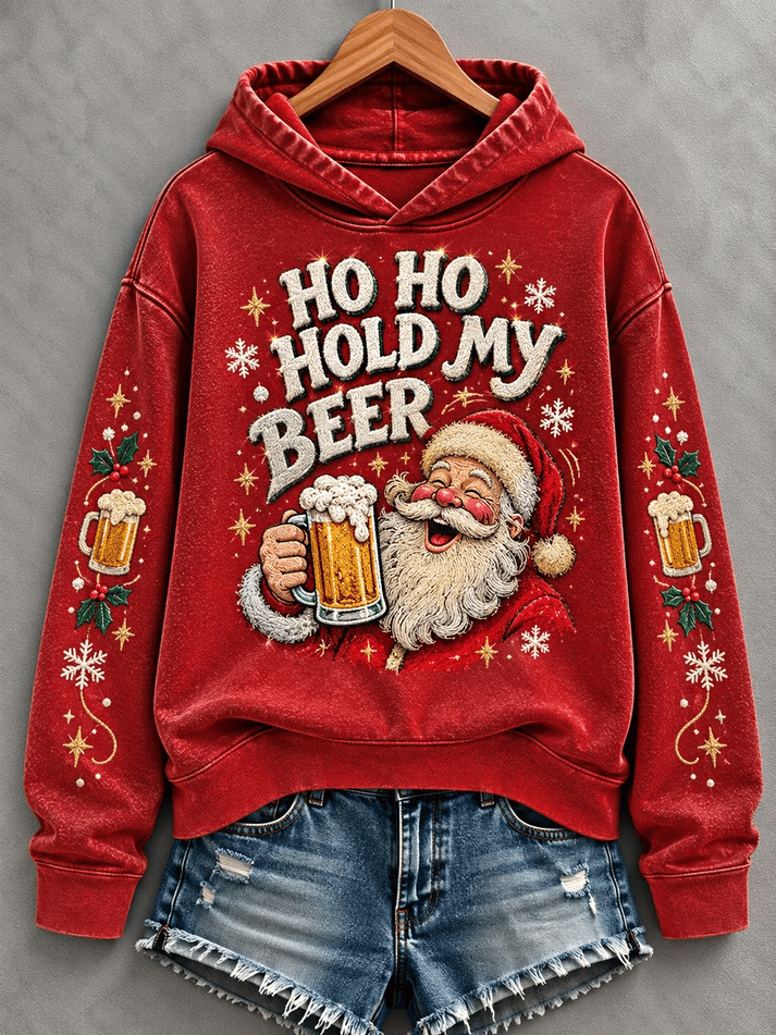 Lustiger Damen-Hoodie mit Weihnachtsmotiv „Ho Ho, halt mal mein Bier!“ und Weihnachtsmann-Print