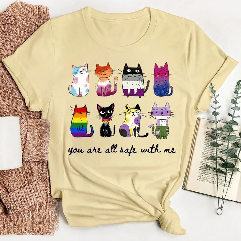 Rainbow Color Cats You Are All Safe With Me Cotton T-Shirt