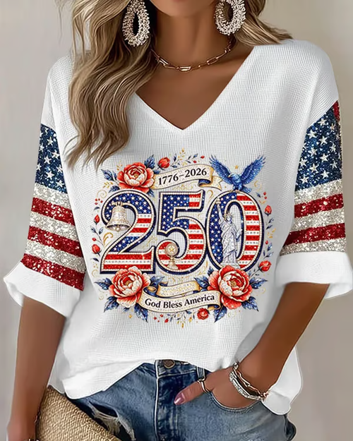 250th Anniversary Rose Eagle Print V-neck Half Sleeved Loose Top