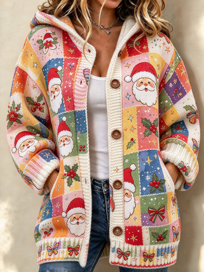 Women'S Christmas Plaid Patch Knitted Cardigan