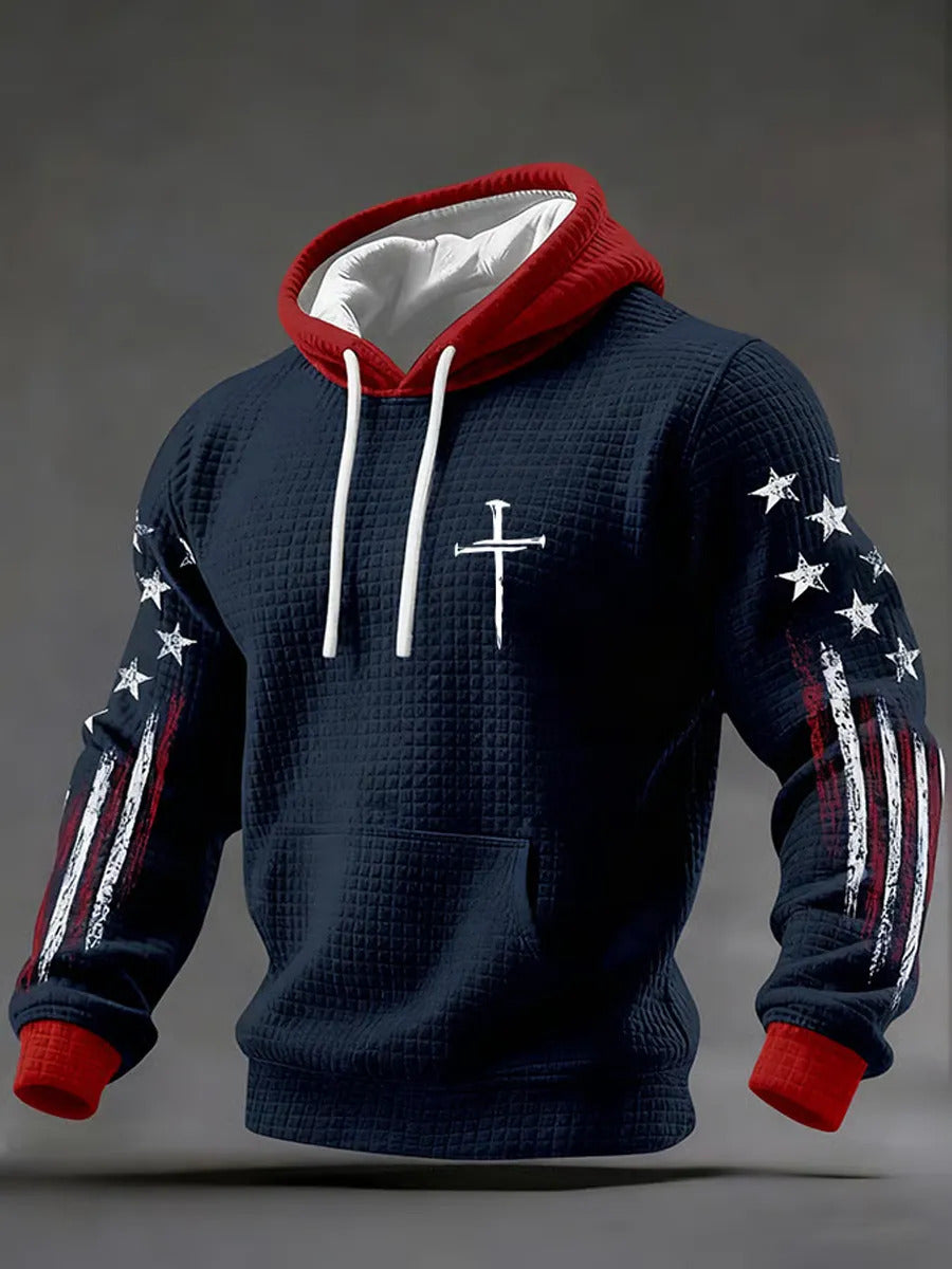 Men's Faith Cross And US Flag Print Waffle Belt Hoodie
