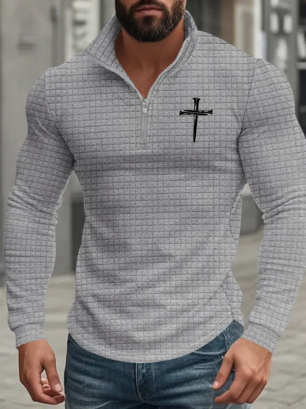 Men's American Retro Autumn And Winter Half-Zip Small Plaid Cross Pattern Casual Stand-Up Collar Long-Sleeved Sweatshirt