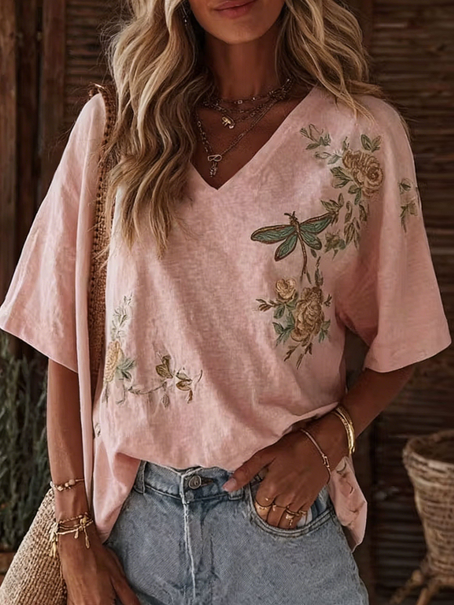 Women's Retro Casual Dragonfly Printed Cotton Linen V-Neck Short Sleeved Top