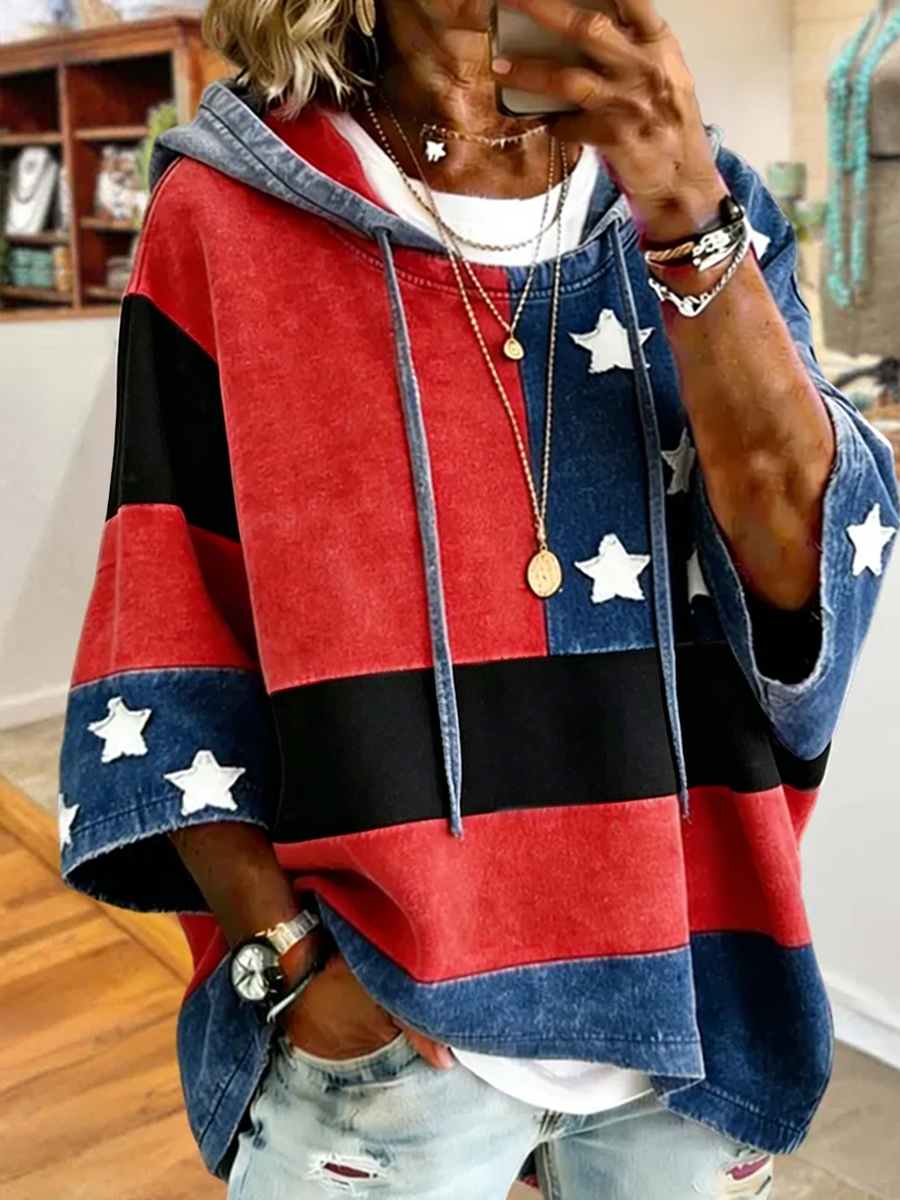 American Flag Star Striped Denim Patchwork Hooded Poncho Sweatshirt