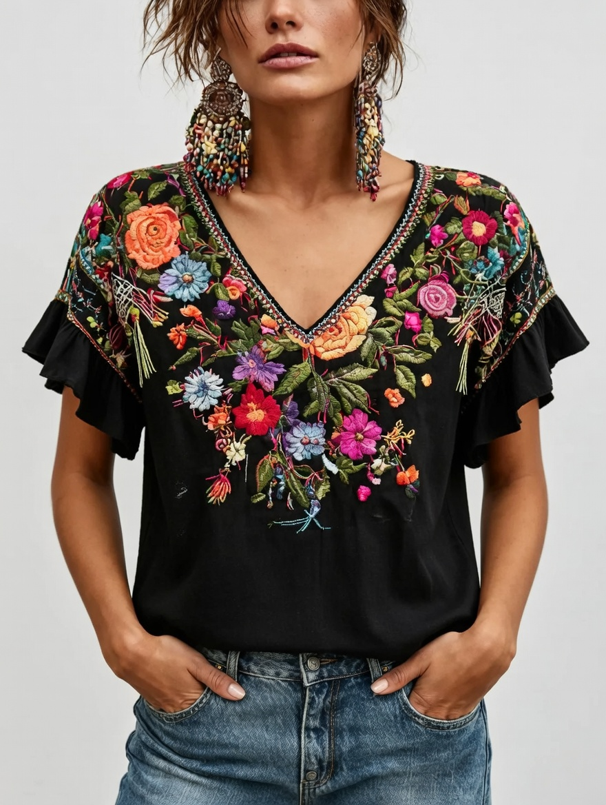 Women's Floral Print linen short-sleeved T-shirt