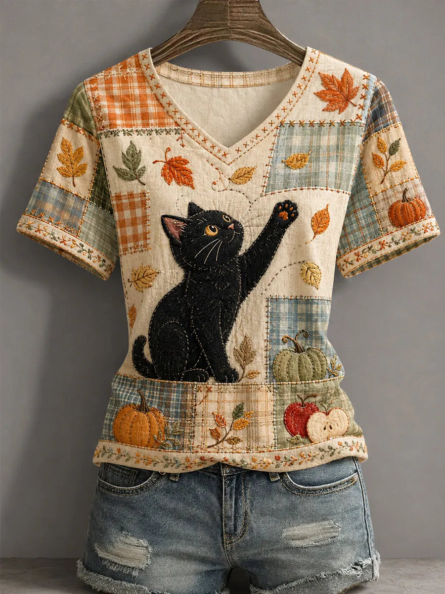 Women's Fall Season Cute Black Cat Print Casual V-Neck Tee