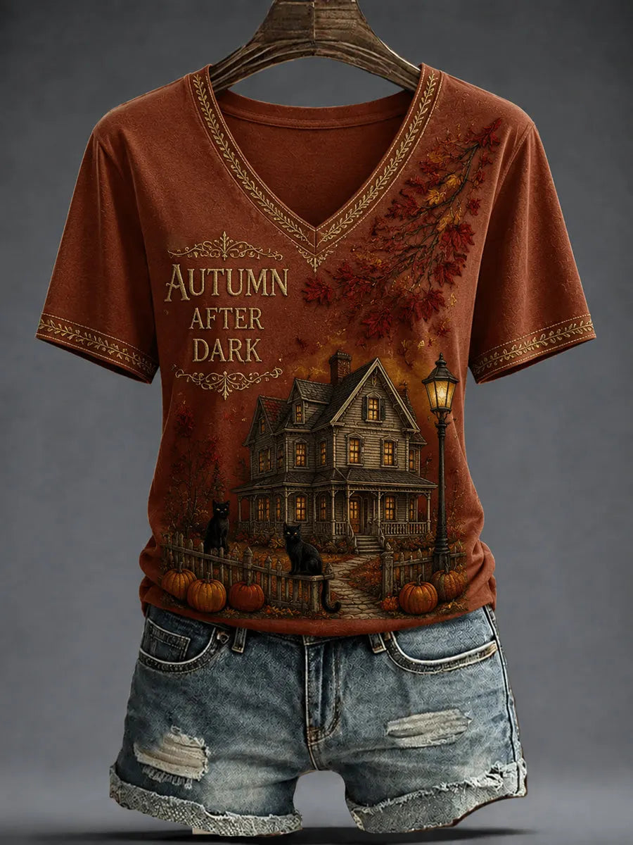 Women's AUTUMN AFTER DARK Printed V-neck T-shirt