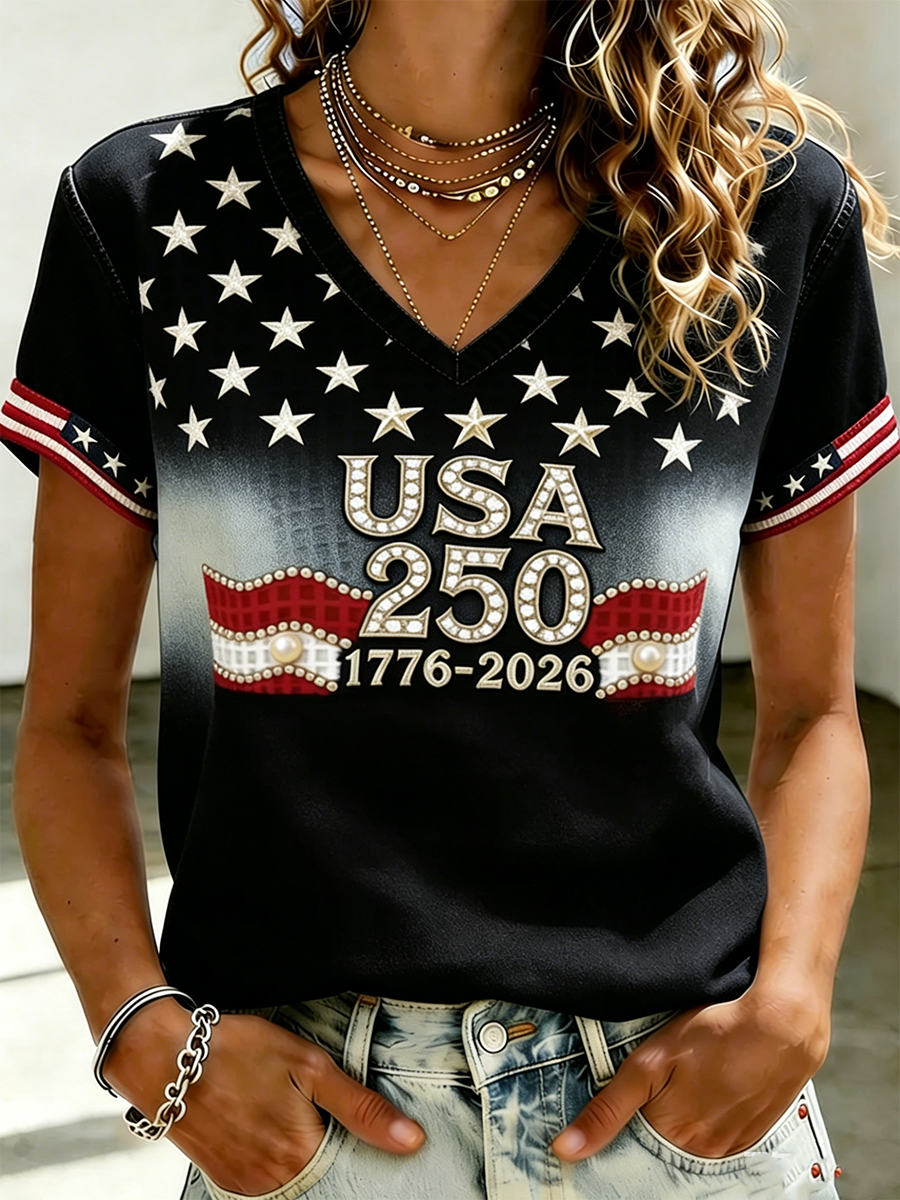 Women's Independence Day 250th Anniversary Printed V-neck T-shirt