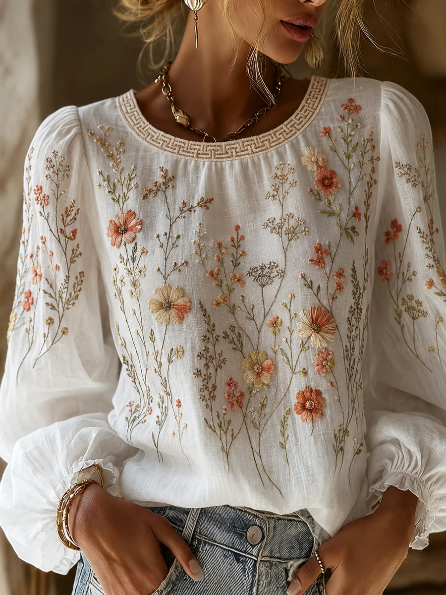 Women'S Floral Printed Casual Cotton And Linen Top