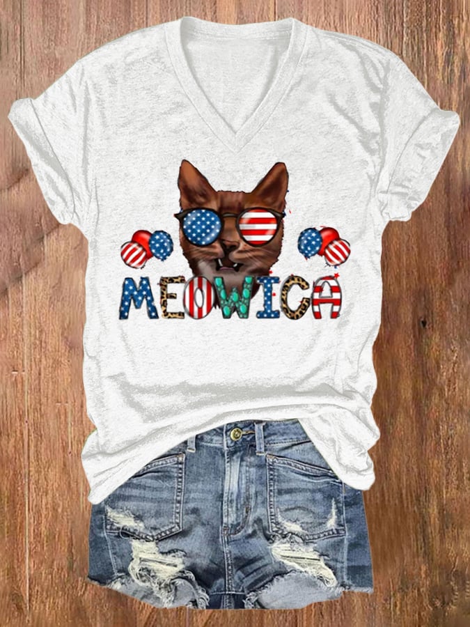 Women's Independence Day Cat Patriotic Vintage Print T-Shirt