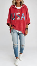 Patriotic Red USA Star Stripe Applique Oversized Hoodie