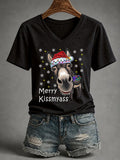 V-Neck Retro Funny Christmas Donkey Merry Kissmyass Print T-Shirt