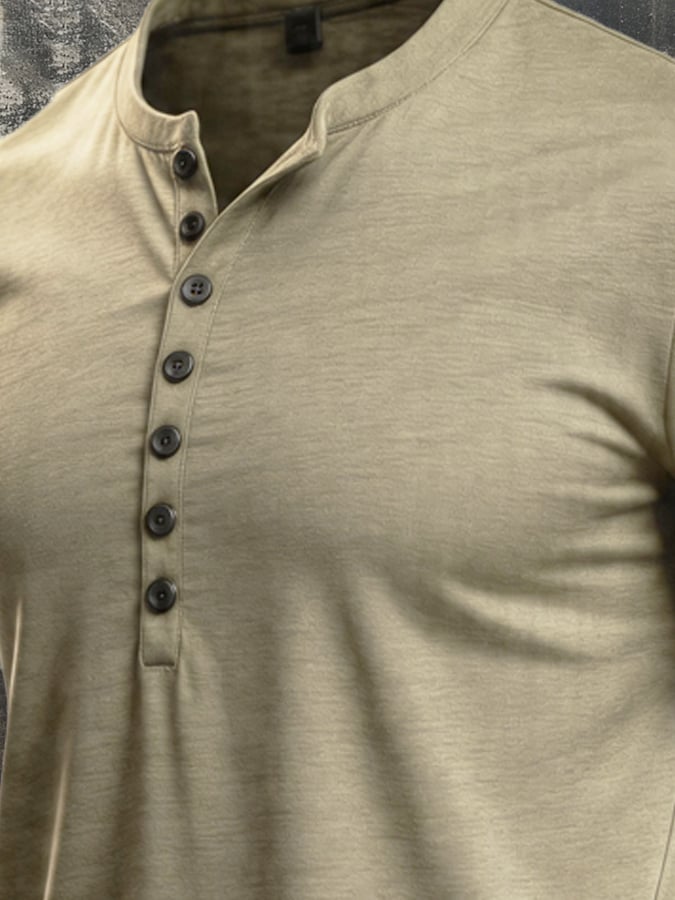 Men's Vintage Slub Cotton 100% Pure Cotton Stretch Short-Sleeve Henley T-Shirt