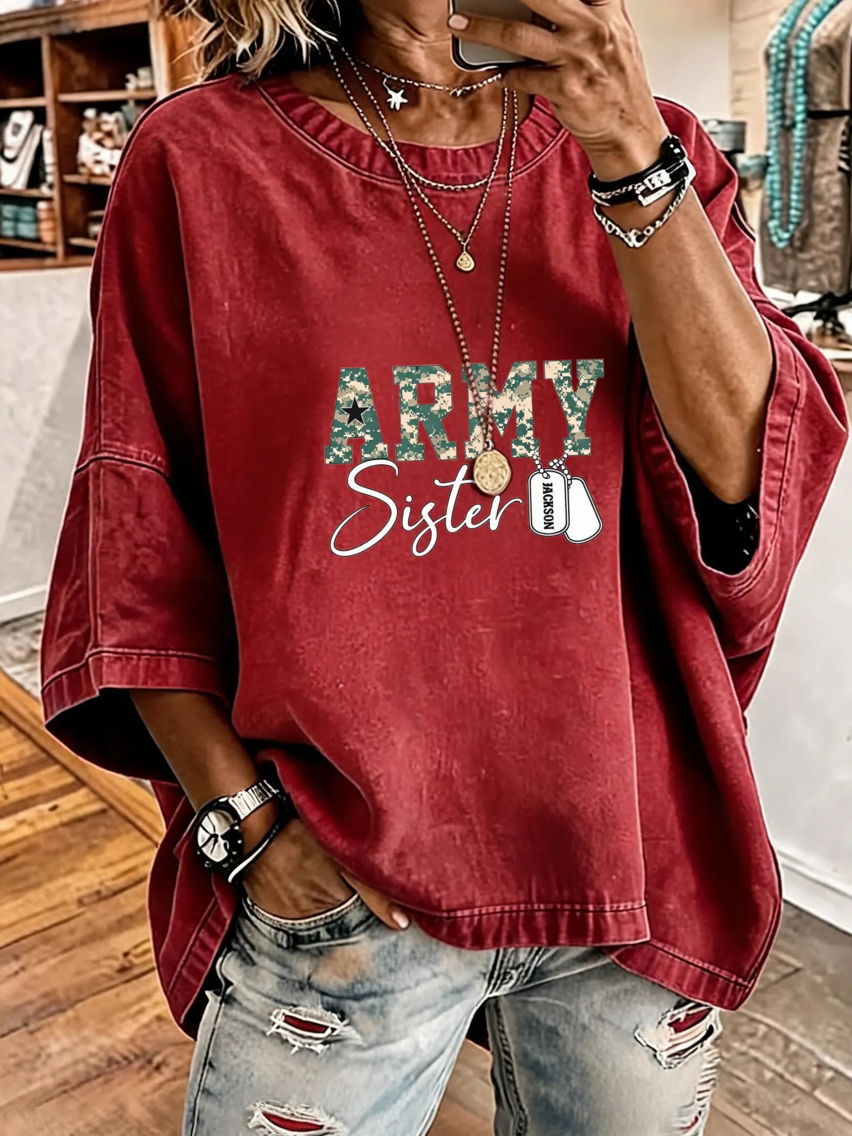 Women's Vintage Distressed Washed Army Sister Oversized T-Shirt