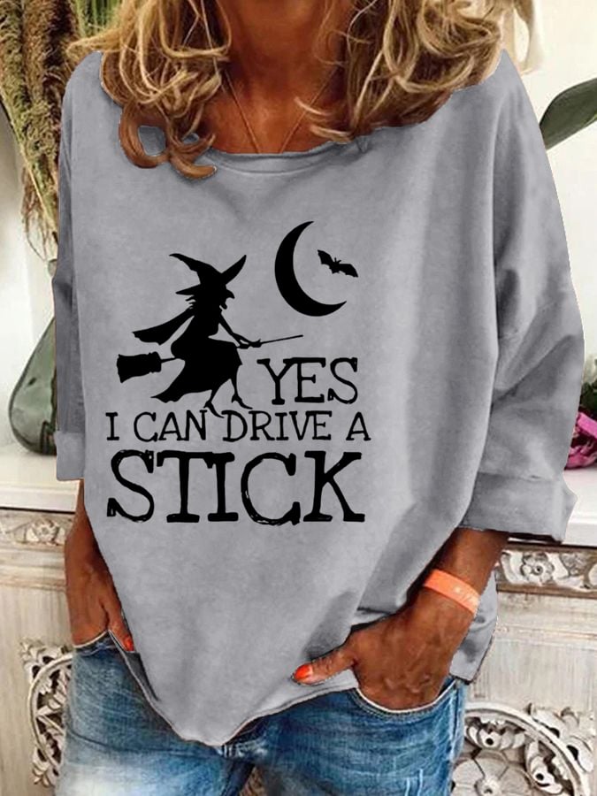 Women's Halloween Yes I Can Drive A Stick  Printed Crew Neck Sweatshirt