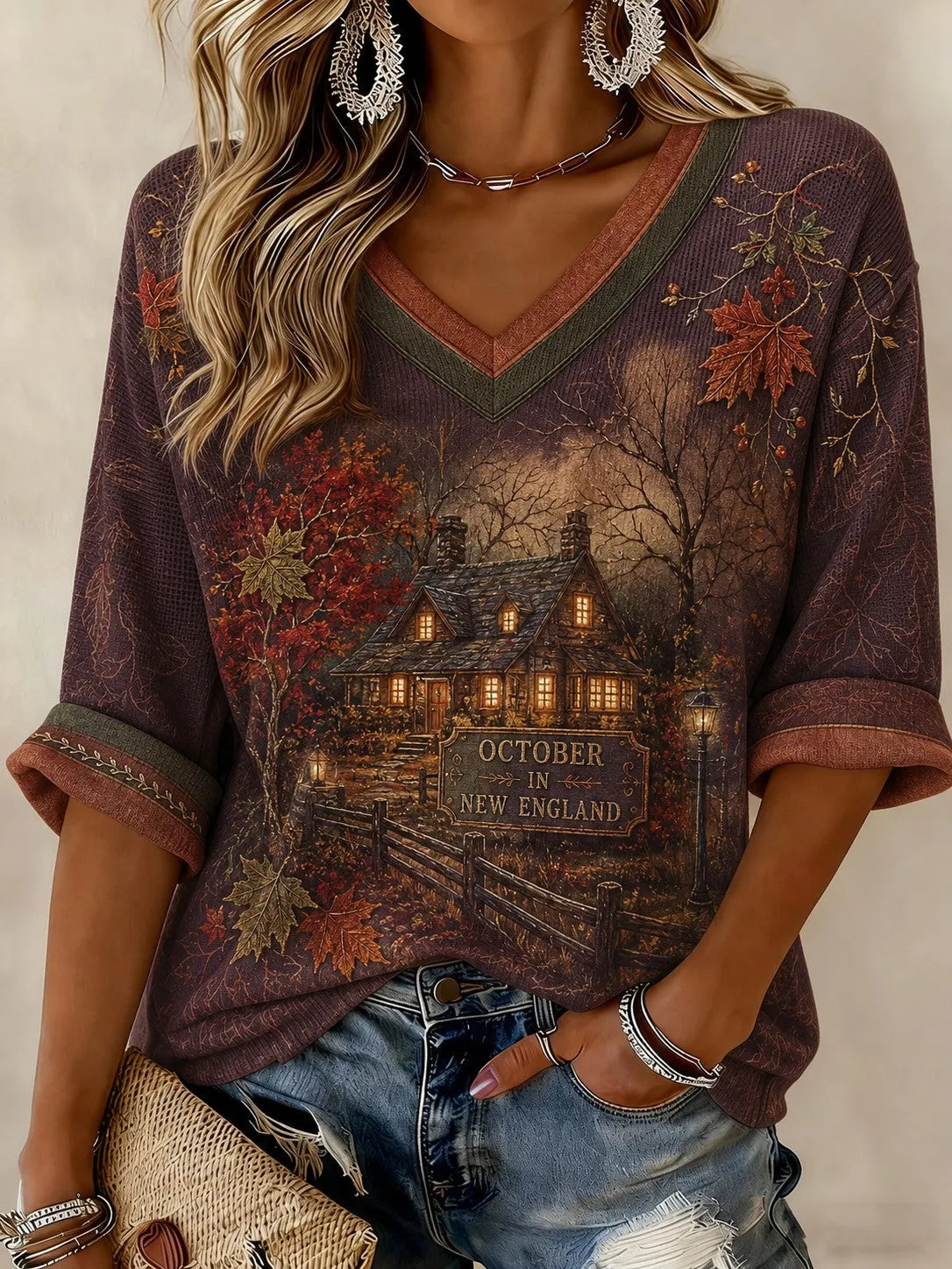 Women's OCTOBER IN NEW ENGLAND Printed Mid-length Sleeves V-neck T-shirt