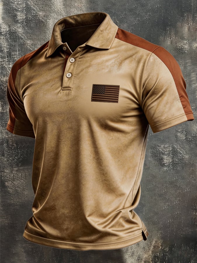 Men's Retro Patriotic Color-Block Short-Sleeve Polo Shirt