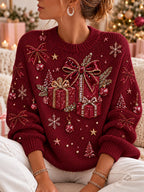 Damen-Sweatshirt mit Weihnachtsmuster, Rundhalsausschnitt und langen Ärmeln