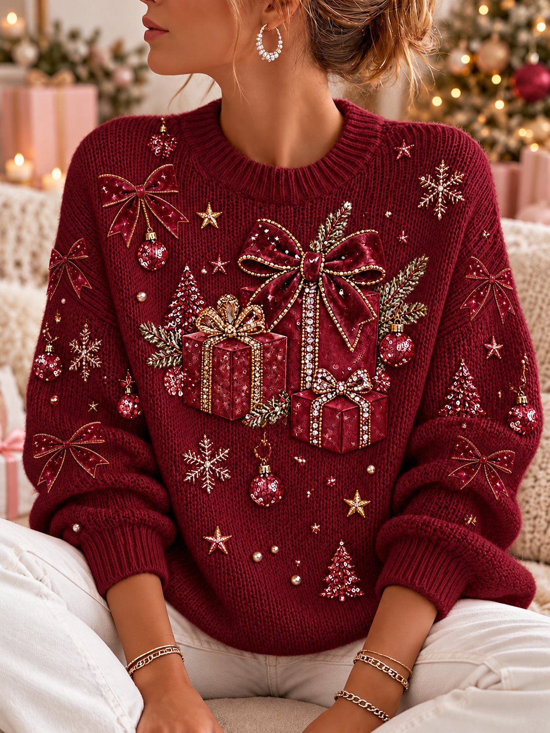 Damen-Sweatshirt mit Weihnachtsmuster, Rundhalsausschnitt und langen Ärmeln