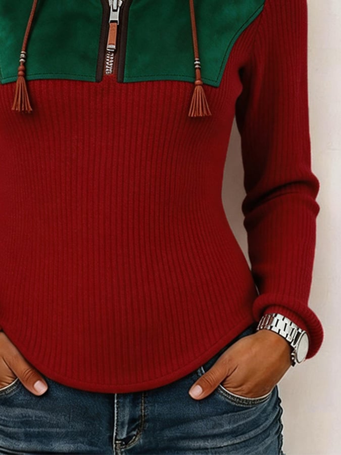 Lässiger Damen-Kapuzenpullover mit halbem Reißverschluss und Farbblock-Design