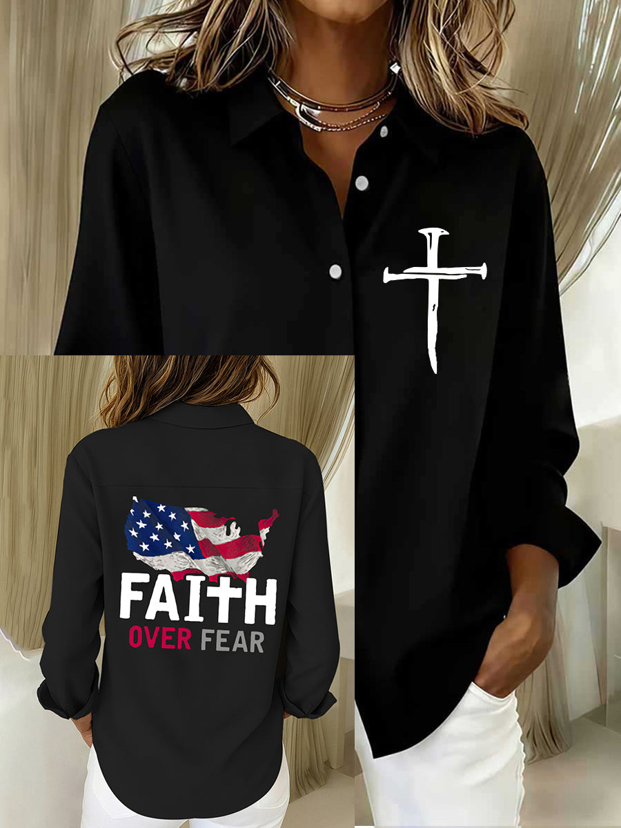 Women's Faith Over Fear Print Casual Cotton Linen Shirt