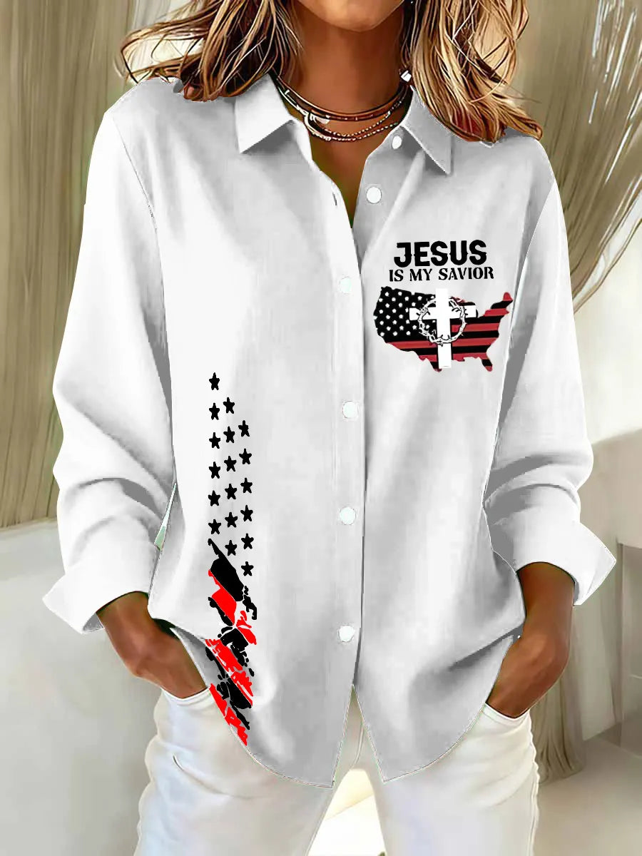Jesus Is My Savior Printed Casual Long Sleeve Shirt