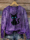 🔥HOT SALE🔥Women's Casual Halloween Black Cat Print Sweatshirt