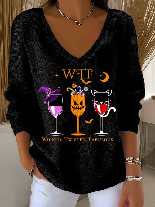 ?HOT SALE?Women's WTF Wicked Twisted Fabulous Print V Neck Sweater