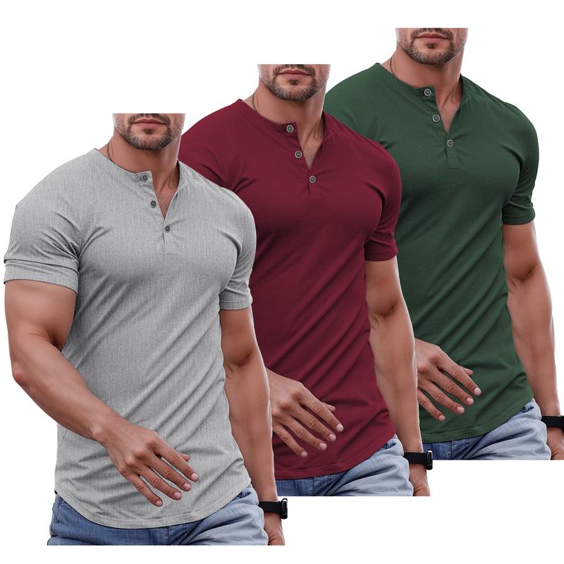 Men's Plain Muscle Slim Fitted Henley Shirts Crewneck T-Shirt