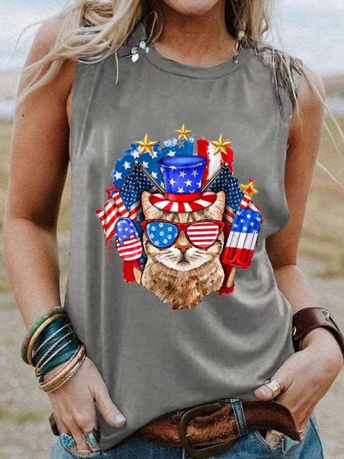 Women's Independence Day Cat Patriotic American Flag Printed Casual Tank Top